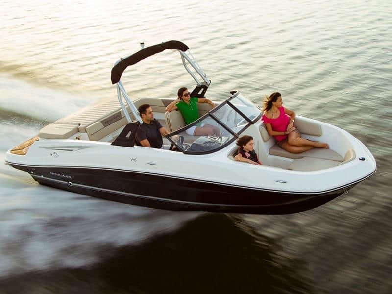 White and dark-hulled boat with open bow seating and a windshield.