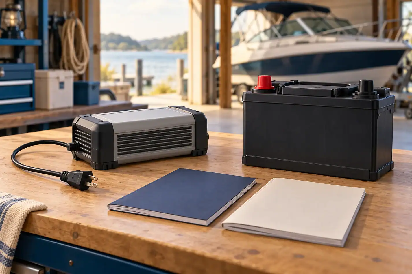An unplugged charger, a battery with covered terminals, and two manuals on a dry workshop bench.
