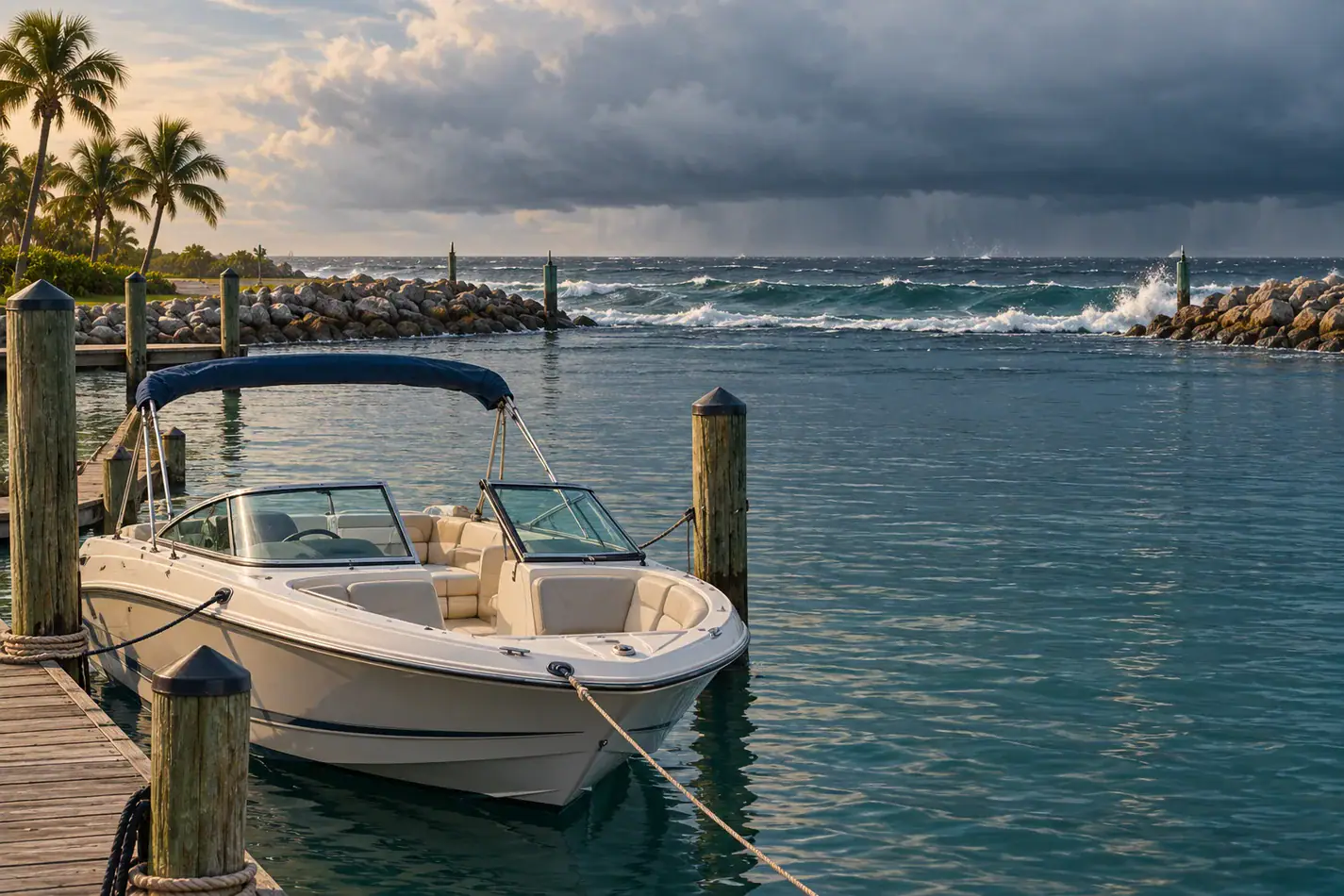 A bowrider tied to a sheltered marina dock with choppier water beyond the harbor entrance.